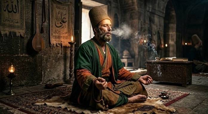 Derviscio Qalandar in meditazione: soffio alchemico e luce interiore.