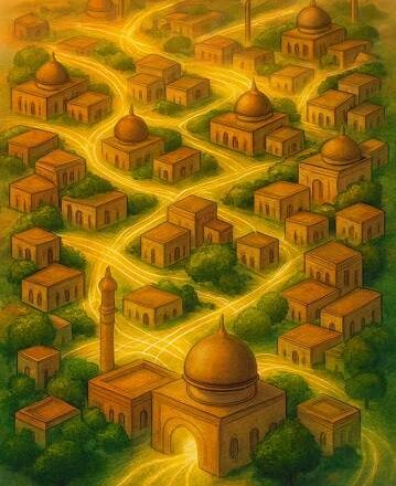Veduta dall’alto di una città islamica stilizzata con architettura tradizionale (cupole, minareti, case) connessa da percorsi luminosi dorati che simboleggiano risonanza etica e spirituale; atmosfera calda e contemplativa al tramonto, alberi intercalati tra gli edifici.