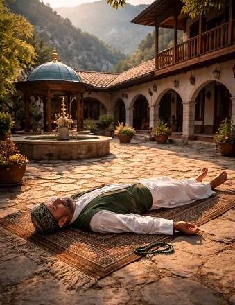 Derviscio sufi disteso in Śavāsana su un tappeto nel cortile di una tekke montana, con abito tradizionale bianco e gilet verde, copricapo ricamato, braccia rilassate lungo il corpo e rosario accanto alla mano; sullo sfondo una fontana ottomana, porticati ad archi e montagne boscose illuminate da luce calda naturale.