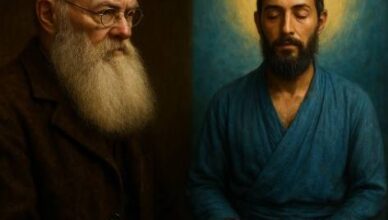 Ritratto affiancato di Pëtr Kropotkin anziano, con lunga barba bianca, occhiali tondi e un’espressione riflessiva su sfondo terroso, accanto a un mistico sufi in meditazione, con cappello tradizionale sikke, barba scura e occhi chiusi, circondato da un’aura dorata su sfondo blu. L’immagine mette in contrasto la razionalità anarchica di Kropotkin e la spiritualità ascetica del sufismo.