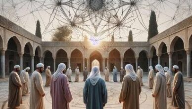 Un portale luminoso con architettura simbolica, raffigurante la centratura ontologica e la sincronizzazione interiore attraverso la luce radiante e la calligrafia araba.