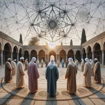 Un portale luminoso con architettura simbolica, raffigurante la centratura ontologica e la sincronizzazione interiore attraverso la luce radiante e la calligrafia araba.