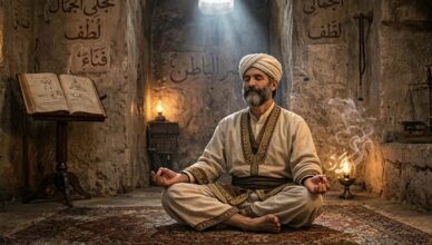 Un uomo anziano e barbuto in meditazione seduto su un tappeto persiano antico all'interno di una camera in pietra illuminata da una lanterna, con l'iscrizione araba "تجلي الجمال لطف فناء" sul muro e un libro di meditazione aperto su un leggio.