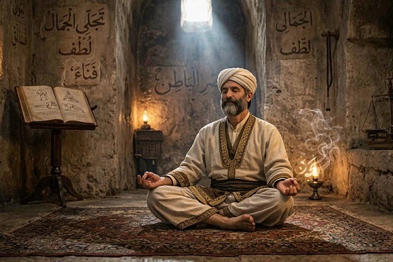 Un uomo anziano e barbuto in meditazione seduto su un tappeto persiano antico all'interno di una camera in pietra illuminata da una lanterna, con l'iscrizione araba "تجلي الجمال لطف فناء" sul muro e un libro di meditazione aperto su un leggio.