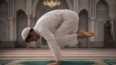 Un uomo musulmano in abiti bianchi esegue la postura di Lolasana su un tappeto verde all’interno di una moschea decorata con motivi geometrici e arabeschi. È sospeso sulle braccia, con le ginocchia raccolte e i piedi sollevati, mentre la luce dorata di un lampadario illumina l’ambiente sacro. Sullo sfondo si intravedono il mihrab e il minbar, simboli della direzione e della parola divina.