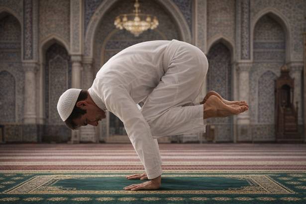 Un uomo musulmano in abiti bianchi esegue la postura di Lolasana su un tappeto verde all’interno di una moschea decorata con motivi geometrici e arabeschi. È sospeso sulle braccia, con le ginocchia raccolte e i piedi sollevati, mentre la luce dorata di un lampadario illumina l’ambiente sacro. Sullo sfondo si intravedono il mihrab e il minbar, simboli della direzione e della parola divina.