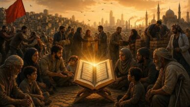 Illustrazione simbolica ispirata al pensiero di İhsan Eliaçık con un Corano luminoso al centro di una comunità solidale composta da lavoratori, poveri, donne e bambini in una città mediorientale tra spiritualità, giustizia sociale e critica del capitalismo contemporaneo.