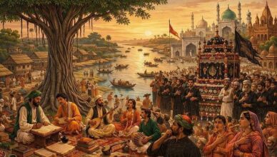Scena storica al tramonto su una riva indiana dove musicisti e studiosi vaiṣṇava siedono sotto un grande albero tra manoscritti, strumenti e ceste, mentre sullo sfondo una processione del Muharram avanza con una tazia decorata, uomini in atto di lutto rituale e architetture miste hindu‑islamiche. L’immagine rappresenta la convivenza spirituale tra bhakti e pietà sciita, evocando temi di sincretismo, memoria sacra e armonia culturale.