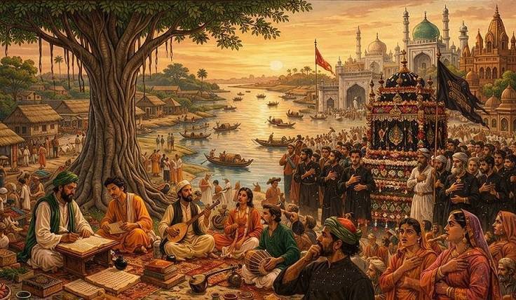 Scena storica al tramonto su una riva indiana dove musicisti e studiosi vaiṣṇava siedono sotto un grande albero tra manoscritti, strumenti e ceste, mentre sullo sfondo una processione del Muharram avanza con una tazia decorata, uomini in atto di lutto rituale e architetture miste hindu‑islamiche. L’immagine rappresenta la convivenza spirituale tra bhakti e pietà sciita, evocando temi di sincretismo, memoria sacra e armonia culturale.