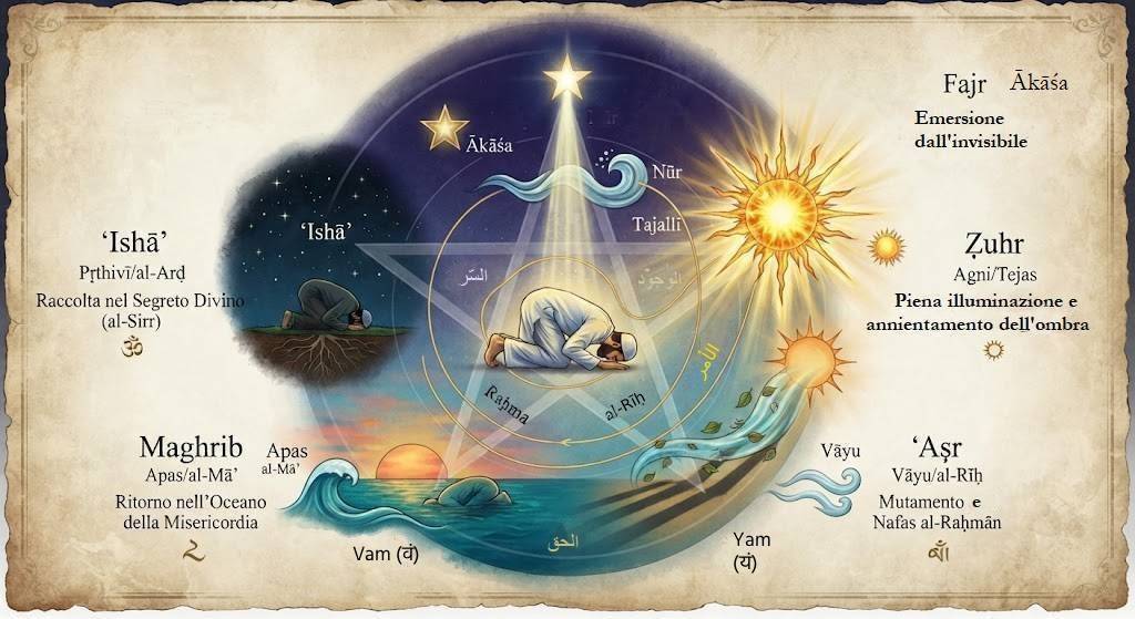 Illustrazione circolare raffigurante la cosmologia delle cinque preghiere islamiche integrate con i cinque elementi della tradizione yogica. Al centro, un uomo in prostrazione all'interno di un pentagramma dorato circondato da simboli celesti, solari e marini. L'immagine rappresenta il ciclo giornaliero come un respiro cosmico che va dall'emersione della luce (Fajr) alla quiete notturna (ʿIshāʾ), con scritte calligrafiche stilizzate in arabo e sanscrito che indicano gli elementi e i concetti spirituali di ogni stazione temporale.