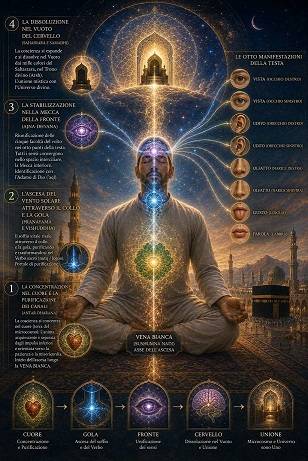 Illustrazione dello Yoga Imamita ispirata all'Ummu'l-Kitāb che rappresenta il cammino ascensionale verso la Mecca del cervello: un adepto medita mentre la vena bianca (Sushumna Nadi) conduce la luce dal cuore alla gola, alla fronte e al cervello, attraversando le quattro tappe della concentrazione, dell'ascesa del Verbo, dell'unificazione delle otto manifestazioni della testa (due occhi, due orecchie, due narici, lingua e labbra) e della dissoluzione nel Trono divino (ʿArsh). Sullo sfondo compaiono la Kaʿba, minareti e architetture islamiche immerse in una luminosa atmosfera cosmica, a simboleggiare l'unione finale tra microcosmo umano e universo divino.