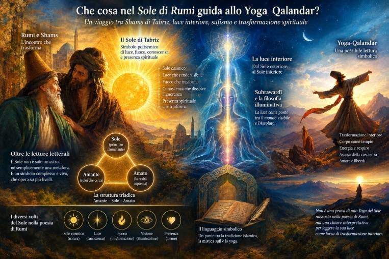 Il 'Sole di Tabriz' di Rumi come guida allo Yoga Qalandar: scopri il simbolismo della luce, il sufismo e la trasformazione interiore nella mistica islamica.