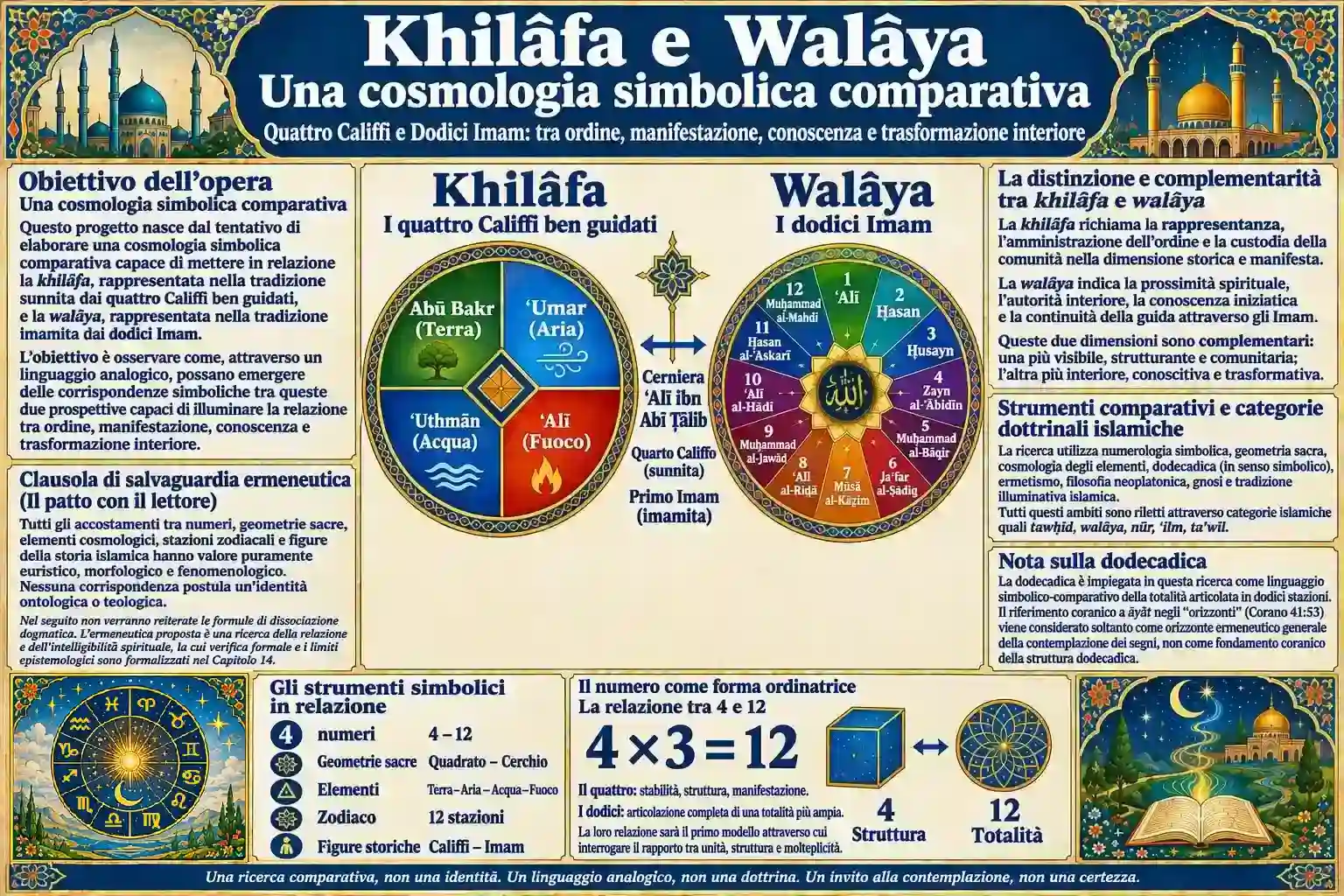 Infografica islamica su Khilāfa e Walāya con quattro Califfi, dodici Imam e la relazione simbolica 4 × 3 = 12